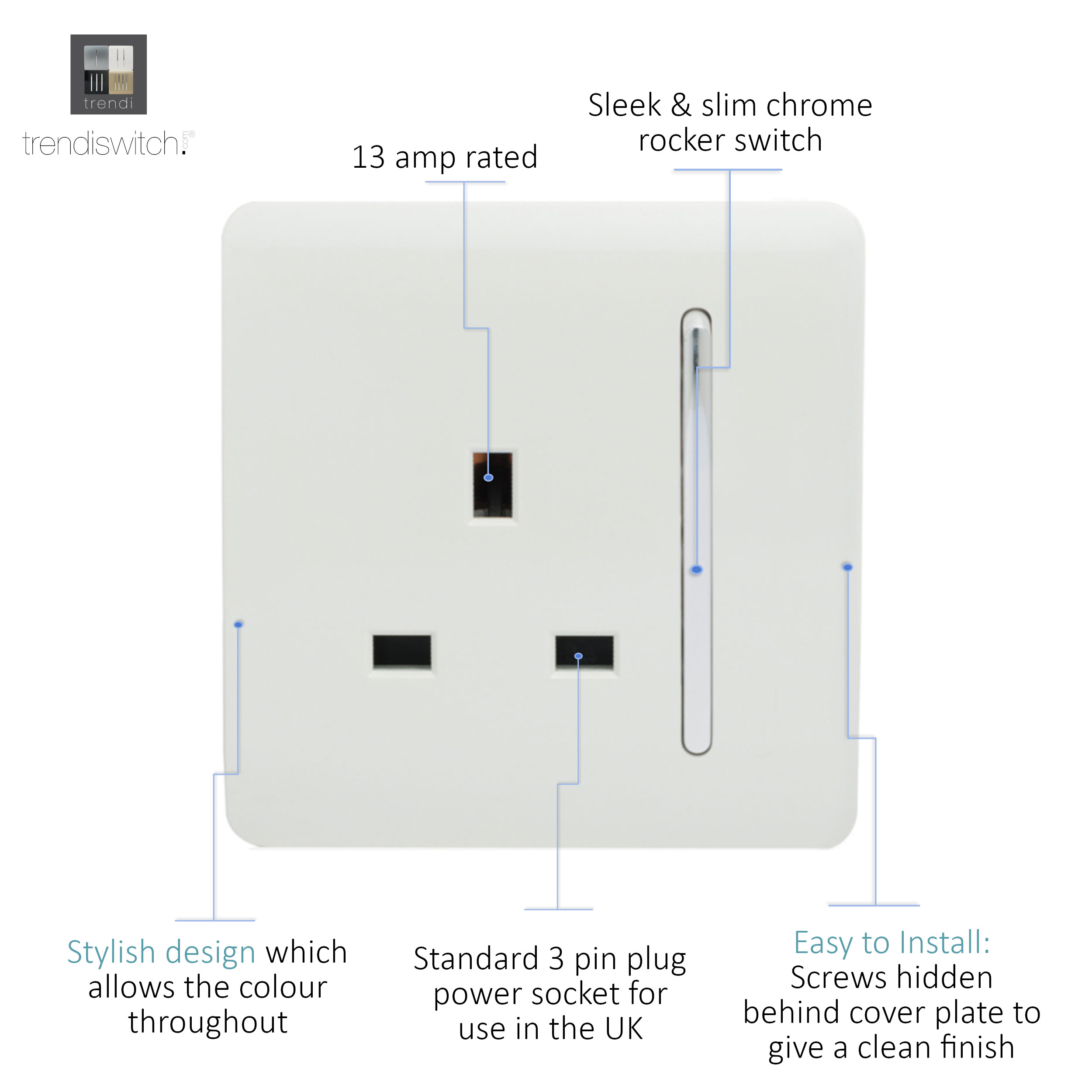 1 Gang 13Amp Switched Single Socket Ice White ART-SKT13WH  Trendi Ice White